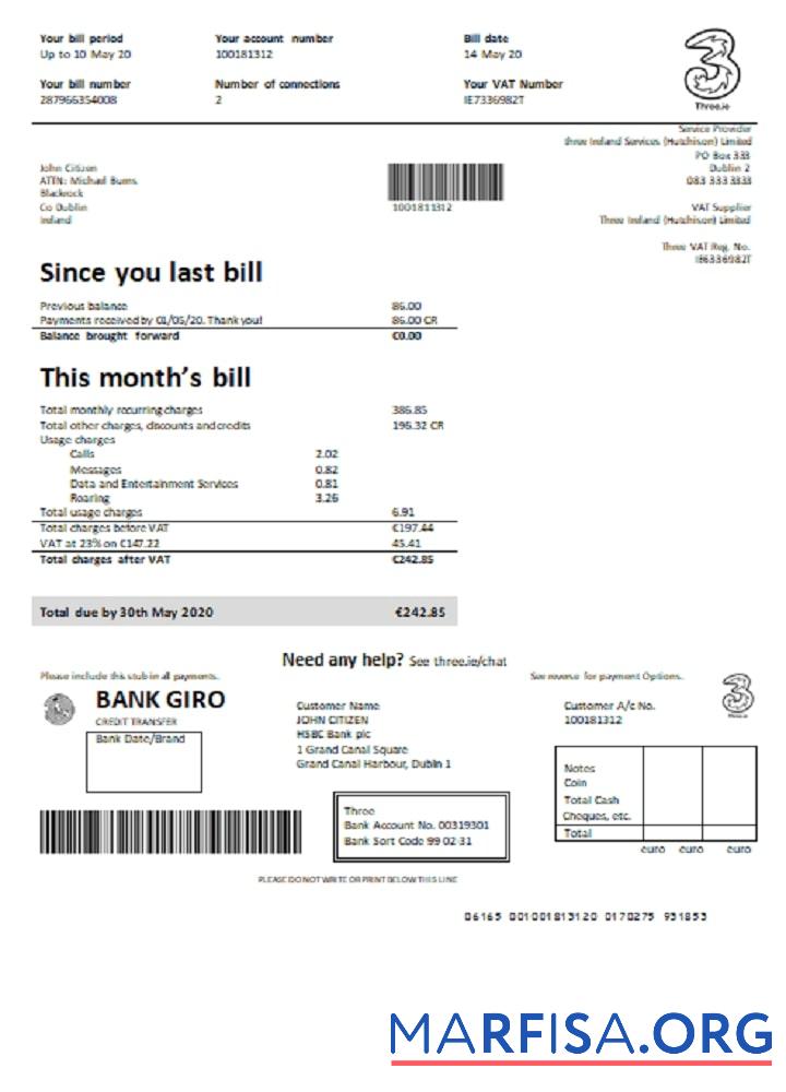 Printable Ireland Three.ie utility bill real example
